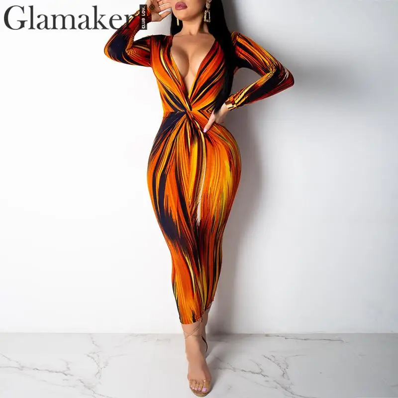 

Glamaker Print sexy deep v neck bodycon dress Women long sleeve high waist long dress Femme elegant party club maxi dress summer