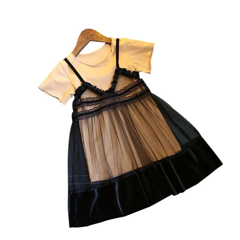 

2019 new arrival girl fashion two pieces dress suit long t-shirt+lace dress AA3401