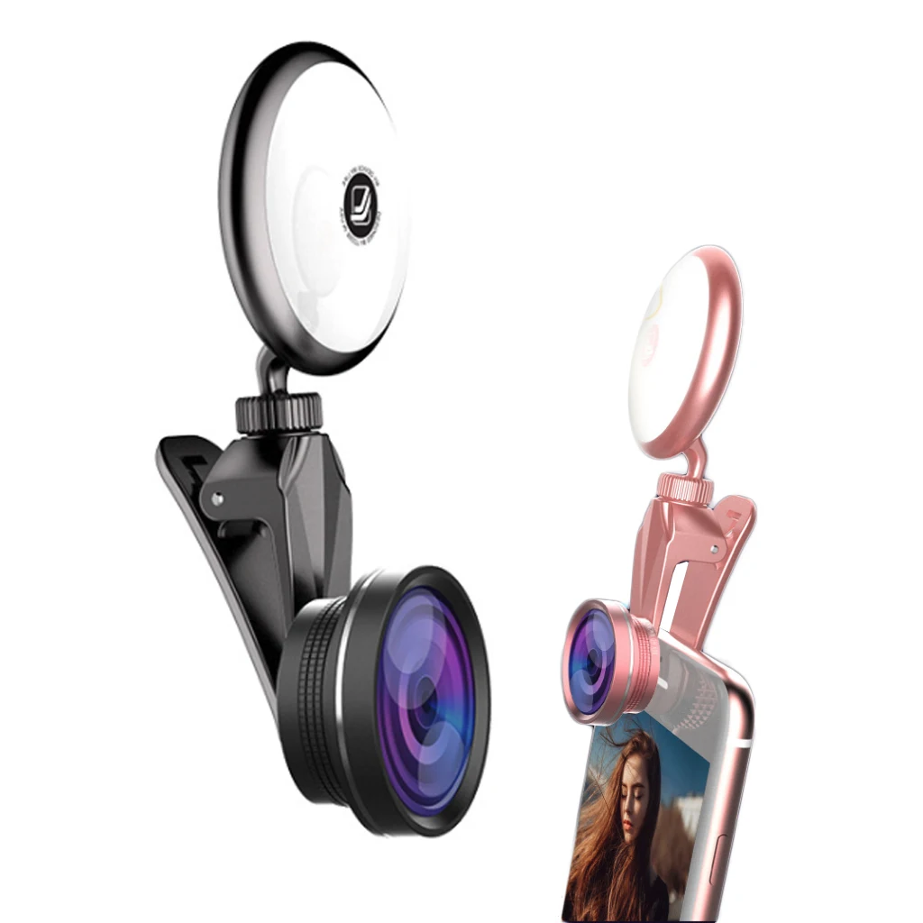 

RK19S LED Selfie Flash Light Fill Light Warm&Cold Bulbs With Wide Angles Fisheye Marcro Lens 360 Rotation For iPhone X/8 Phones