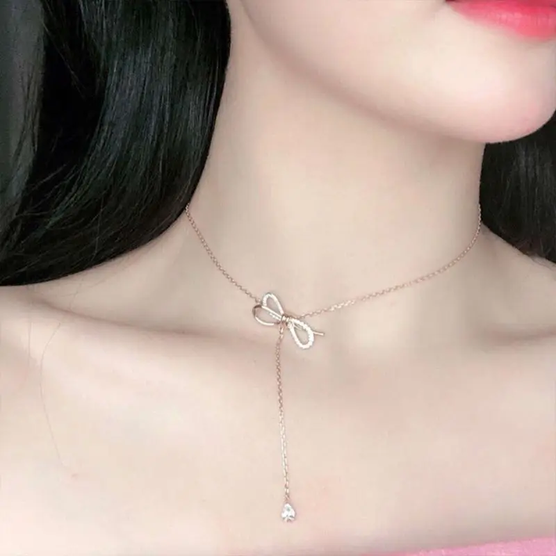 

wholesale 925 sterling sliver Bow necklace with AAA zircon female light luxury collarbone for mom girlfrien chokers necklace
