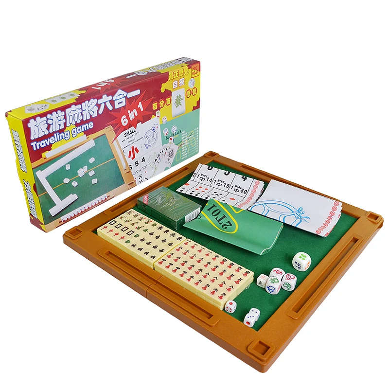6 In 1 Mahjong Portable Folding Plastic Boxes Majiang Set Table Game Mah-jong Poker Travelling Indoor Entertainments Board Games