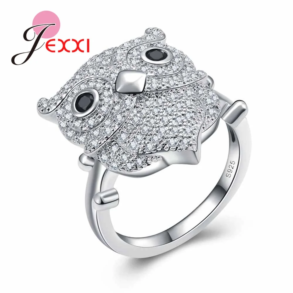 

JEXXI Cute Animal Owl Design Fashion Full Clear CZ Ziron 925 Sterling Silver Rings For Girls Party Accessory Women Anel Gift