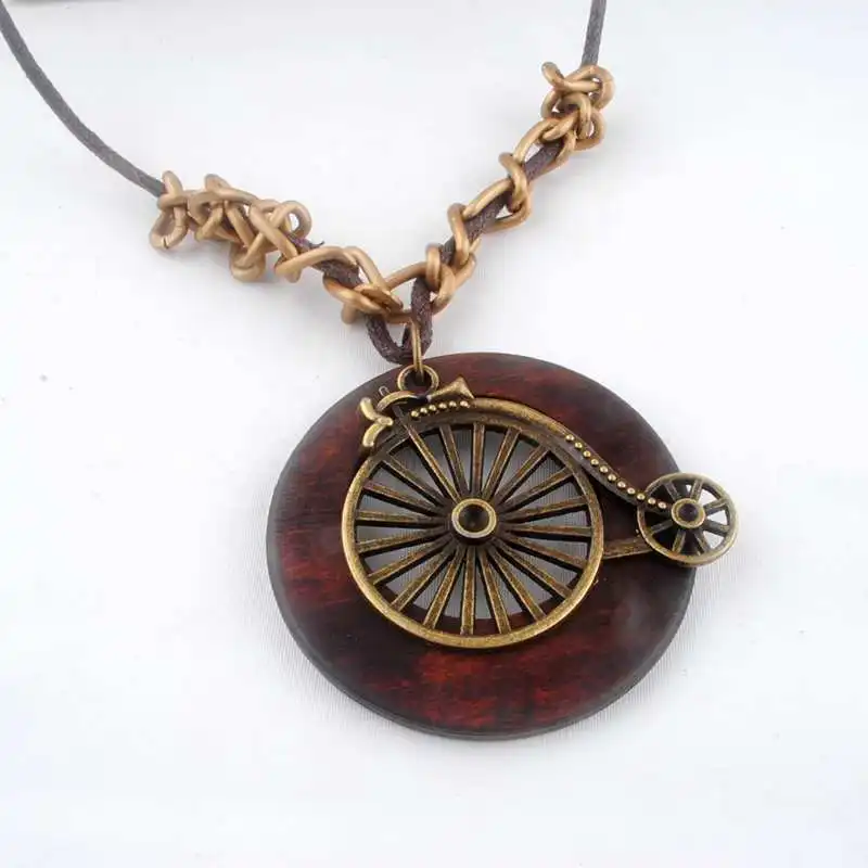 

Antique Vintage Long Rope Chain Necklace Wooden Alloy Bicycle Pendants Neckless Cord Men Jewelry Accessories Free Shipping