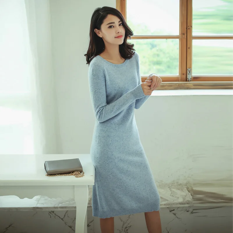

Women's Close Fitting 100% Cashmere Knitting Knee-length Dress With O-neck Solid Color Dot Decor Long Sleeves Winter Dresses