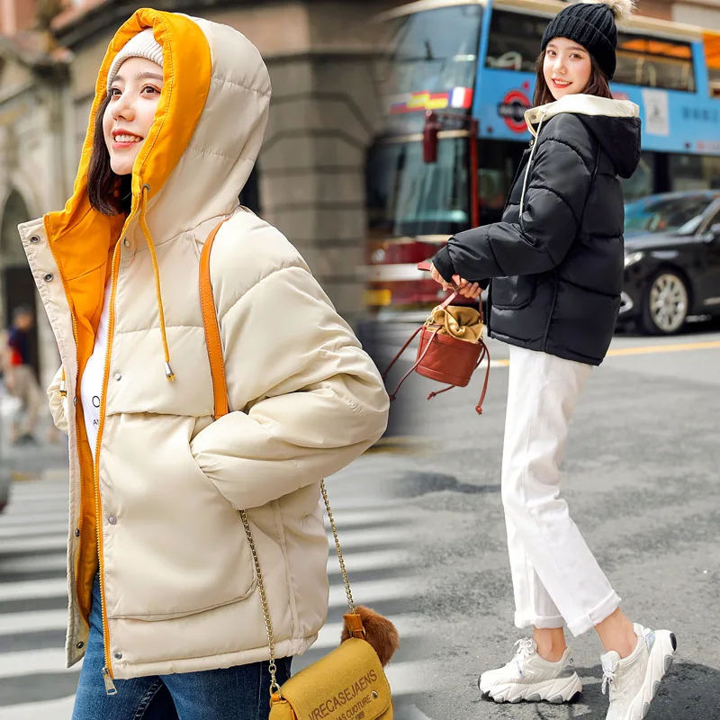 Модная короткая зимняя куртка для женщин, тонкое женское пальто, утепленная парка, Хлопковая женская куртка с капюшоном ярких цветов