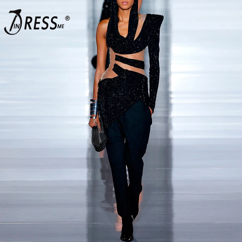 

INDRESSME 2019 Women Fashion New Asymmetric Draped One Shoulder Sexy Mesh Backless V Neck Bodycon Party Club Mini Dress With Hat