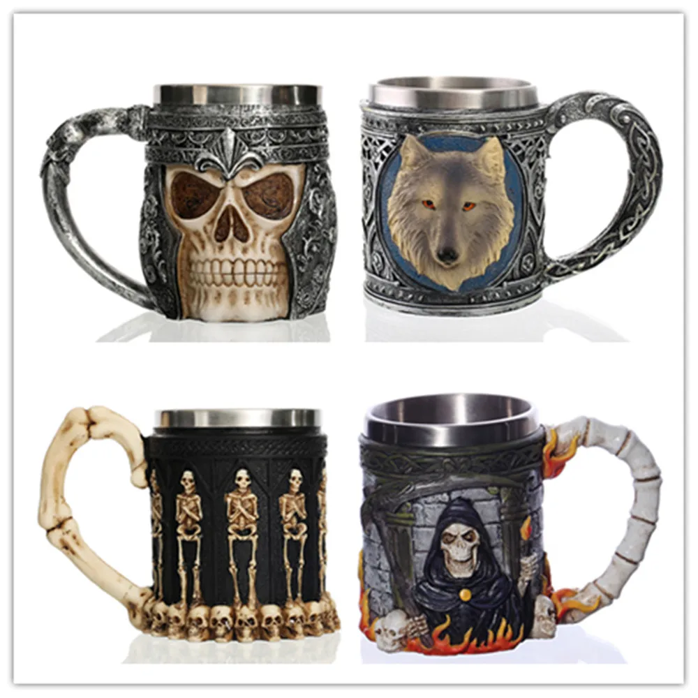 

Gothic Skull Coffee Mug Stainless Steel Resin Material Cool Skeleton Wolf Head Design Coffee Tea Beer Drinking Cup Birthday Gift