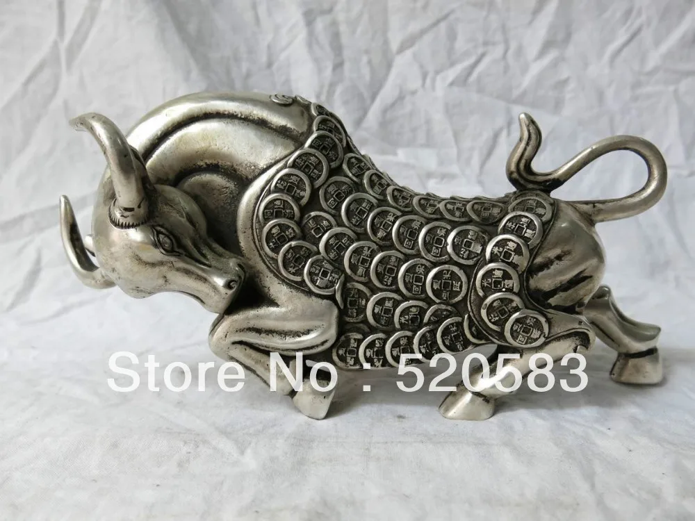 

chinese folk bronze silver plating auspicious bring wealth cattle ox bull statue