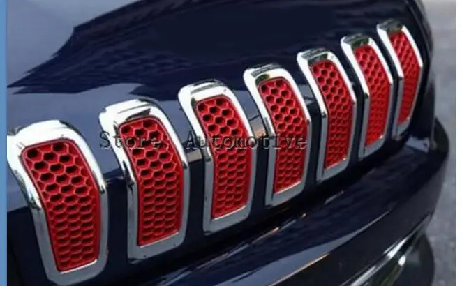 

For Jeep Cherokee Black/Silver/Red Honeycomb Mesh Grille Insert Trim Cover 2014-2016 7pcs