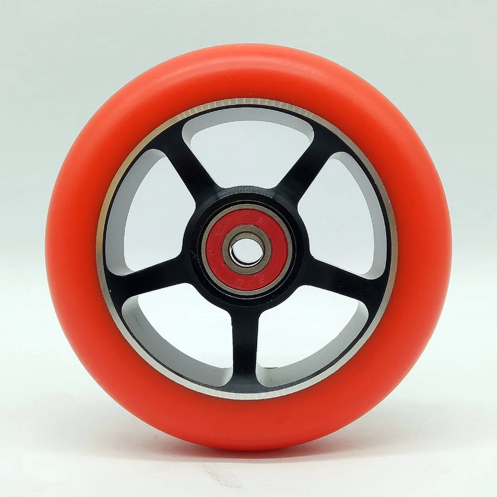 2 шт 100 мм колеса для трюкового скутера высокая эластичность PU Алюминиевый сплав стальная Ступица с 608 ABEC-9 подшипники коньки колеса 88A - Цвет: RedPU 100mm 5X