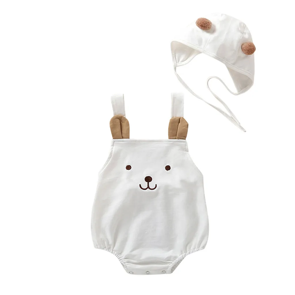 

Cute Newborn Infant Baby Girls Straps Cartoon Pompon Sleeveless Romper Sunsuit Hat Body suit 2 pieces Set for Baby Girl#p4
