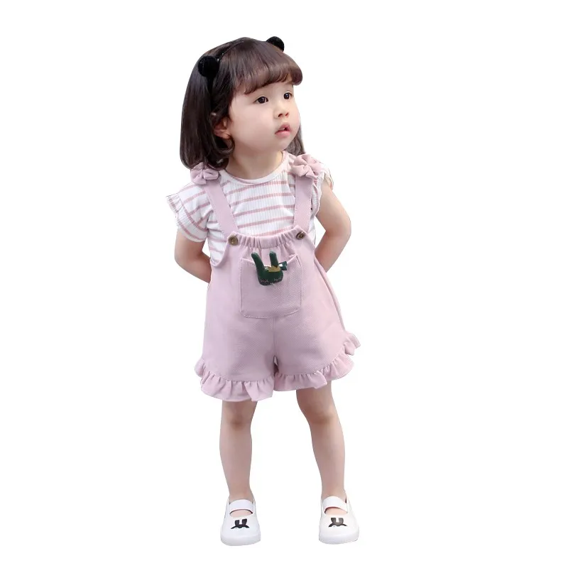 

2pcs Summer Kids Girls Clothing Sets Fashion Striped Short Sleeve Girl T-Shirt +Cute Overalls Shorts Baby Girl Clothes Suit