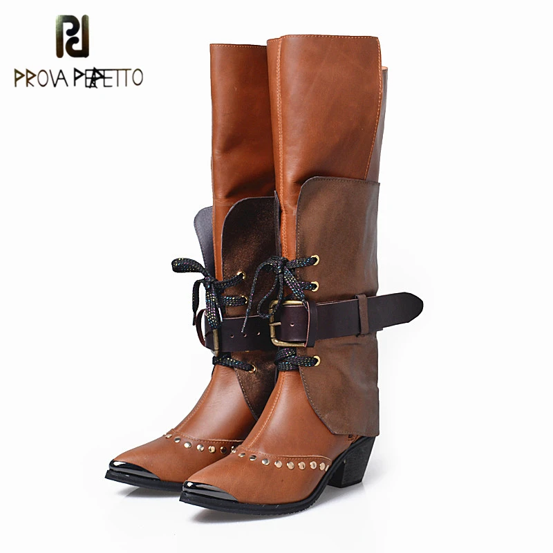 Prova Perfetto Fashion Women 2017 Winter Knee High Long Boots 100% Genuine Leather With Rivets Chunky Heels Metal Point Toe Boot