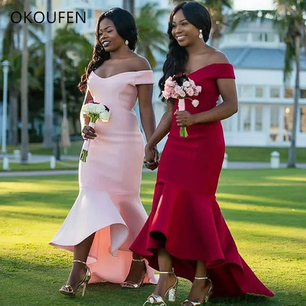 Off The Shoulder Mermaid Bridesmaid Dresses Satin Custom Made Dark Red Pink African Maid Of Honor Wedding Guest Dresses Zipper Up=