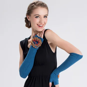 

Long Winter Cashmere Wool Fingerless Women Gloves Red Blue Floral Winter Party Elbow Gloves Sleeve Arm Warmer Half Finger Gloves