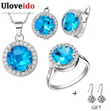 Uloveido nupcial conjunto joyería de la boda para las mujeres anillo collar pendientes sistemas de la joyería con piedras azules accesorios bijouterie t011