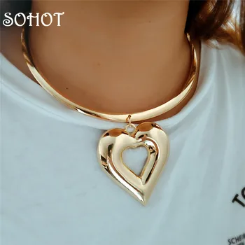 

SOHOT European Brand Popular Hollow Heart Pendant Jewelry Sets Bright Gold Color Twisted Metal For Women Summer Party Bijoux