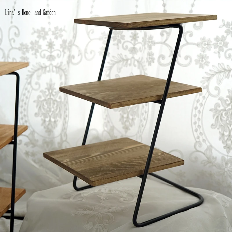 antique brown wood metal 3 tier small display shelf
