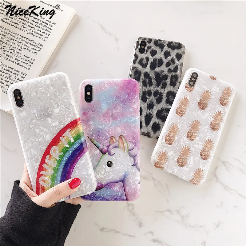 

Niceking For iPhone 7 Case For iPhone X XS MAX XR 6 6S 7 8 Plus Case Fashion Marble Cartoon Unicorn Conch Shell Phone Cover Case