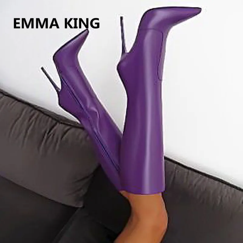 

2019 New Arrival Women Winter Purple Knee High Boots Pointed Toe Sexy Thin High Heel Elegant Ladies Shoes Woman Long Knight Boot