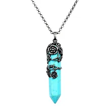 FYJS Ethnic Silver Plated Flower Wrap Hexagon Column Pendant Necklace with Green Turquoises Stone Jewelry FYJS Ethnic Silver Plated Flower Wrap Hexagon Column Pendant Necklace with Green Turquoises Stone Jewelry