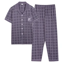 Мужские пижамы летние хлопковые полосатые Мужская пижама Короткие топы+ длинные брюки Pijamas Turn-Down Воротник Плюс Размер Lounge мужские пижамы