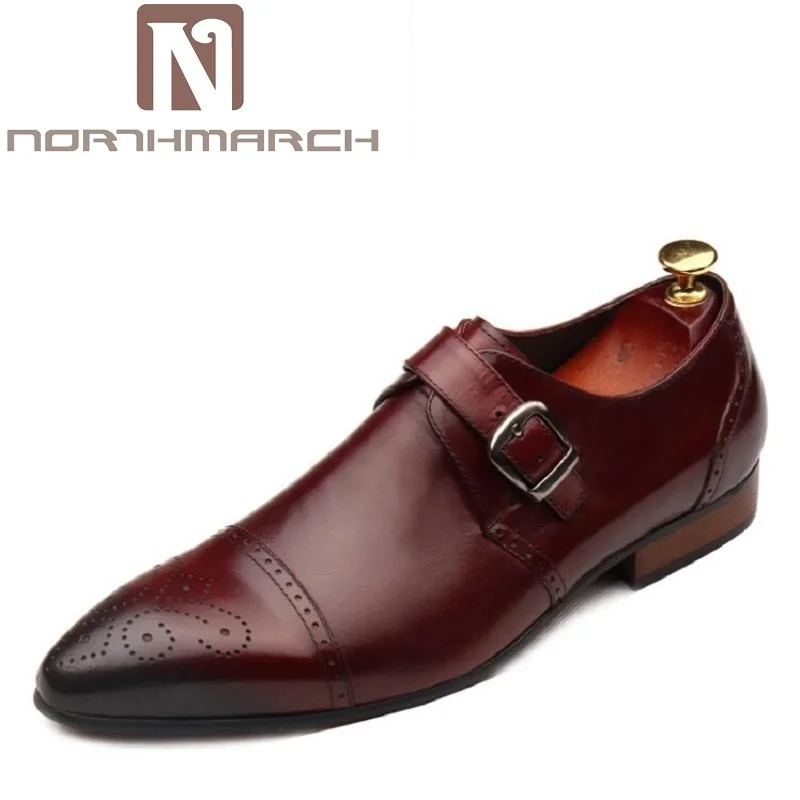 

NORTHMARCH Winter New Genuine Leather Single Buckle Mens Shoes Formal Brogue Man Office Party Wedding Slip On Shoes Red Wine