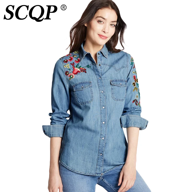 SCQP Floral Embroidery Denim Shirt Ladies Pockets Long Sleeve Women