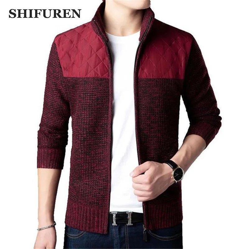 

SHIFUREN Winter Men's Turtleneck Sweater Jacket Velvet Thick Male Cardigan Zipper Knitted Coats Outerwear Plus Size S-XXXL