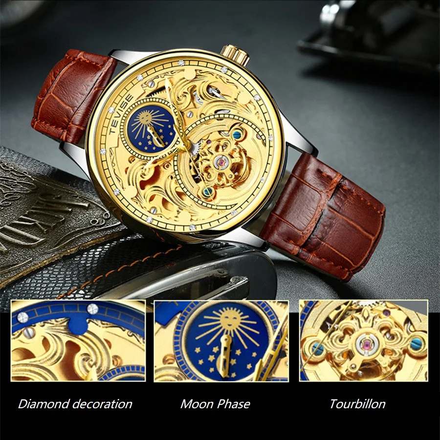TEVISE T820A ساعة الرجال توربيون التلقائي ساعات آلية رجل القمر المرحلة جلد للماء المعصم reloj هومبر TEVISE T820A ساعة الرجال توربيون التلقائي ساعات آلية رجل القمر المرحلة جلد للماء المعصم reloj هومبر