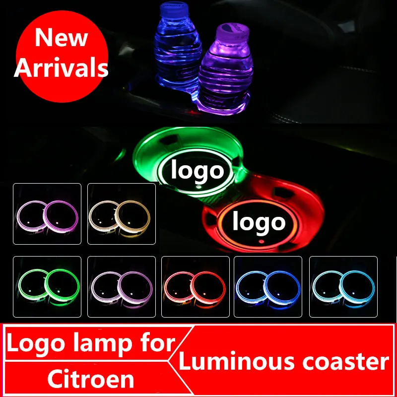 

2X Car Logo Light LED Cup Drink Holder Anti Slip Mat Coaster Stickers For Citroen C3 C4 C4L C5 C6 XSARA PICASSO Accessories