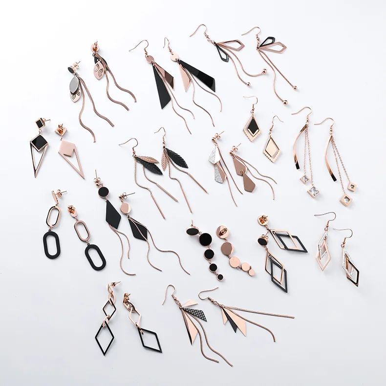 

Korean Fashion Trend Geometry Titanium Steel Tassel Earrings Stainless Steel Triangle Round Lozenge Leaves Long Women Earrings
