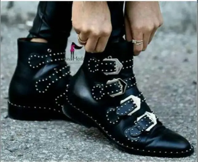 

Designer Rivets Buckle Genuine Leather Women Motorcycle Boots Black Ankle Boots For Womens Winter Shoes Plus Size Botas Mujer