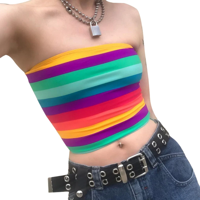 

Women'S T-shirts Rainbow Striped TShirts Women Sexy Slash Neck Strapless Shoulder Crop Top Female 2Color