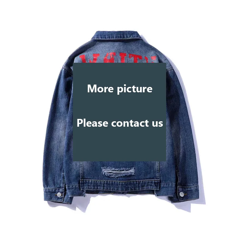 Off White Letter Print Denim Jacket Men Ripped Holes Mens Blue Jean Hip Hop Jeans Bomber Jacket Garment Washed Mens Denim Coat Off White Letter Print Denim Jacket Men Ripped Holes Mens Blue Jean Hip Hop Jeans Bomber Jacket Garment Washed Mens Denim Coat