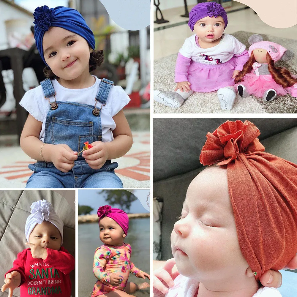 Новые детские вязаные шапочки, хлопковая шапочка с цветочным рисунком для новорожденных девочек, детская эластичная Тюрбан
