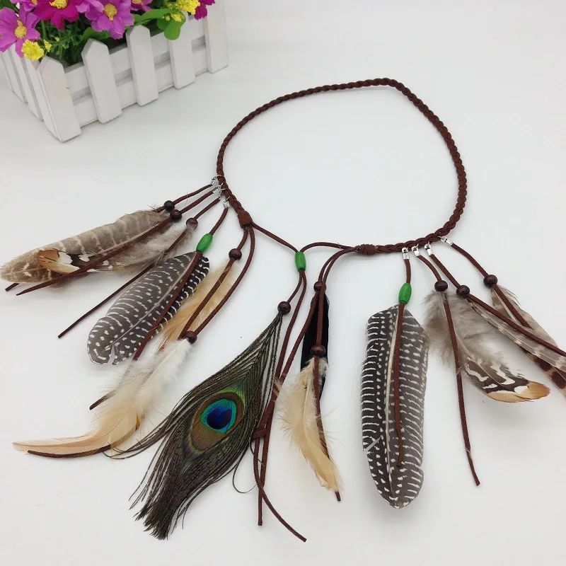 

Boho Indian Peacock Feather Headband Headdress Hair Rope Headwear Tribal Hippie Party Hair Accessories for Women Girls 2019 New