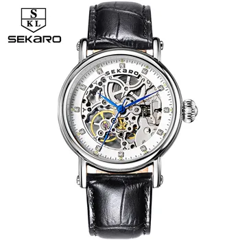 

SEKARO Brand Women Mechanical Watches Diamond Ladies hand-winding Wristwatches Leather Fashion Skeleton Dial Gift for Female