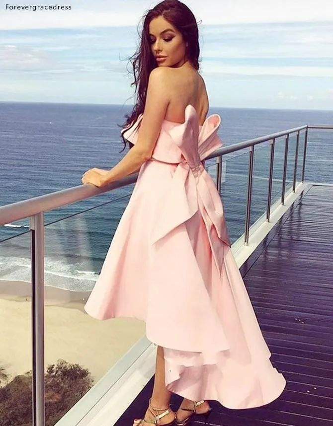 Fashion Pink Bow Backless Bridesmaid Dresses 2019 Strapless Tea-length Ruffles Maid of Honor Wedding Guest Dress 95 (6)