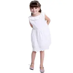 Новинка 2017 года поступления Милое летнее платье для девочек хлопок сплошной белый Цвет трапециевидной формы без рукавов платье Платья для