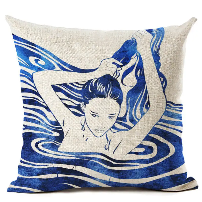 Blue Sea Printed Sexy Zara*Women Cushion Cover Decor Linen Wave Throw Pillow Covers Beauty Girls Pillowcases Funda Cojin 45 * 45
