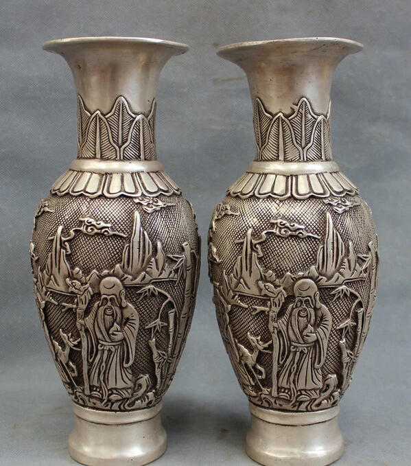 

S5052 11" Chinese Silver Deer Crane Peach Fu Lu Shou God Statue Flower Pot Vase Pair D0318