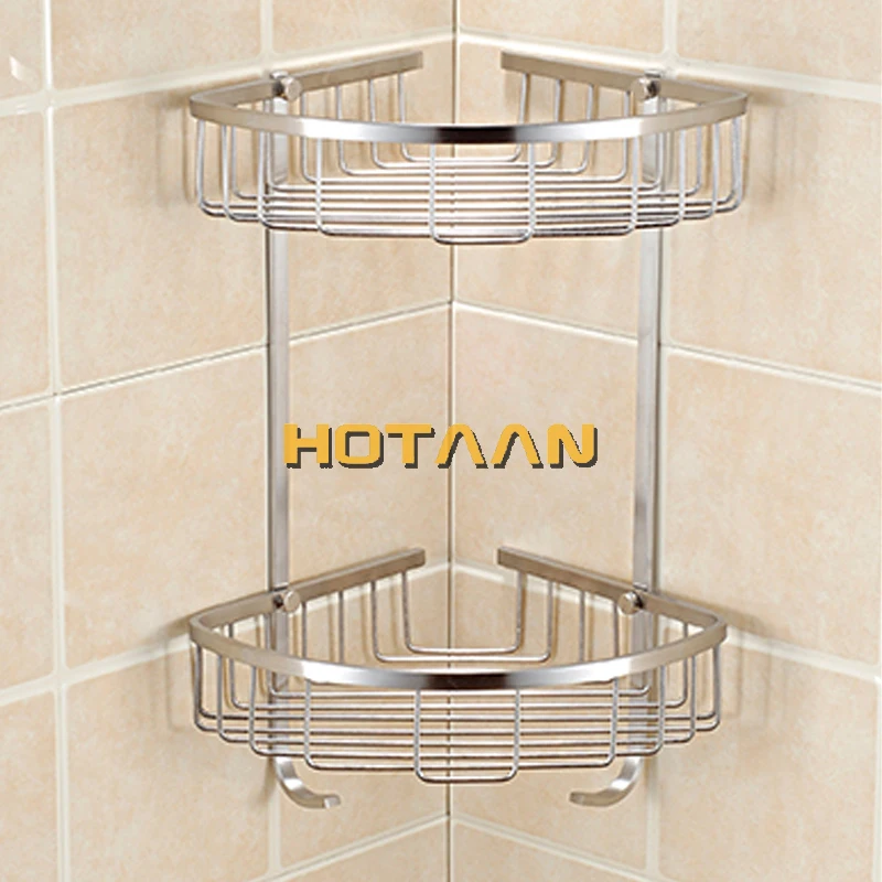 US $40.40 Wall Mounted Dual Tier 304 Stainless Steel Triangular Shower Caddy Shelf Bathroom Corner Rack Storage Stock Holder Basket Hanger