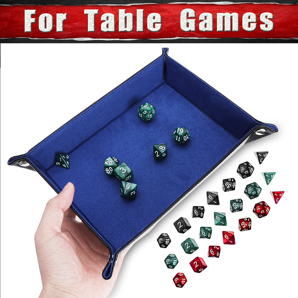 

11.02 x 8.66 Red/ Green/ Black Dice with Holder PU Leather Folding Rectangle Tray With Blue Velvet for Table Games