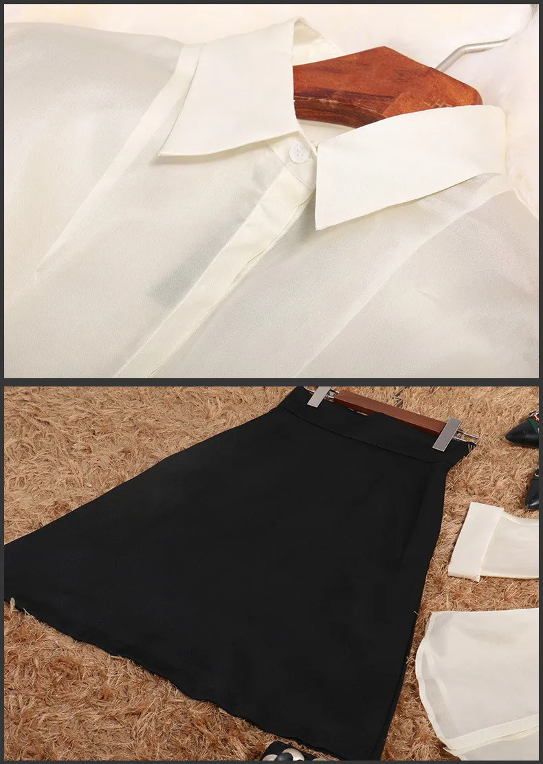 Видеть Оранжевый Классический белый черный Костюмы 100% шелковая рубашка шифон юбка два предмета Наборы для ухода за кожей с Пояса Офисные