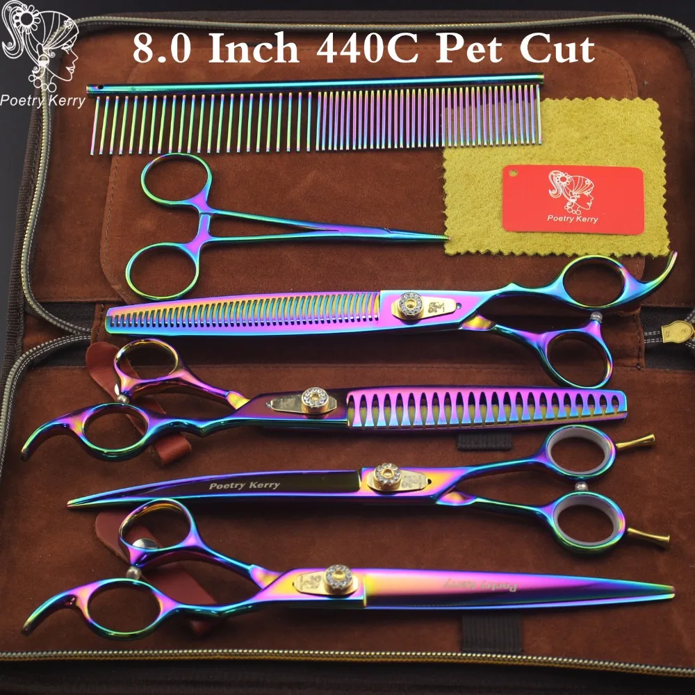 

8 inch Poetry Kerry 440C "Professional pet grooming kit, direct and thinning scissors and curved pieces 4 pieces.Colorful cutF2C