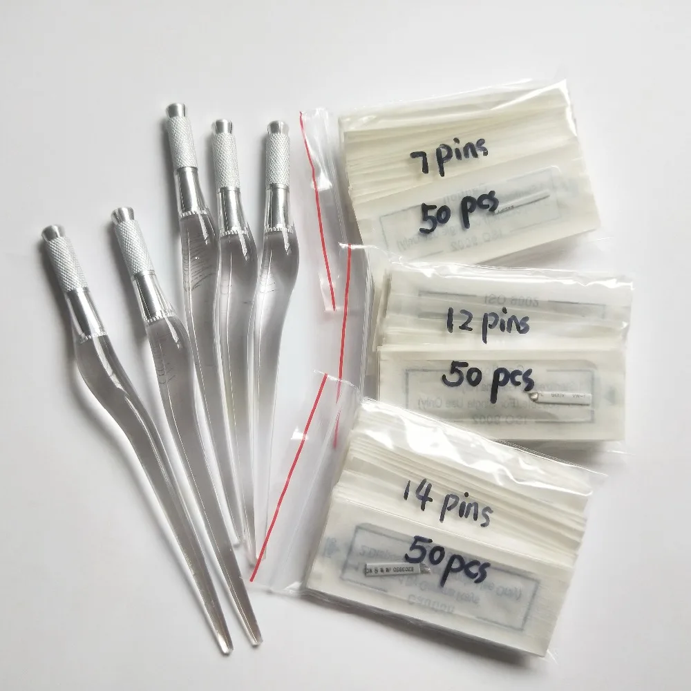 Beste 5 stks Wenkbrauw Microblading PCD Handleiding Pennen met 150 stks (7 12 14 pins) permanente Make Up Handmatige Bladen