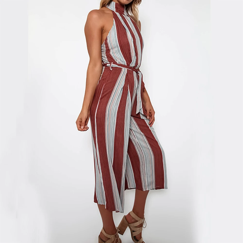 Halter Belt Stripes Sleeveless Jumpsuits