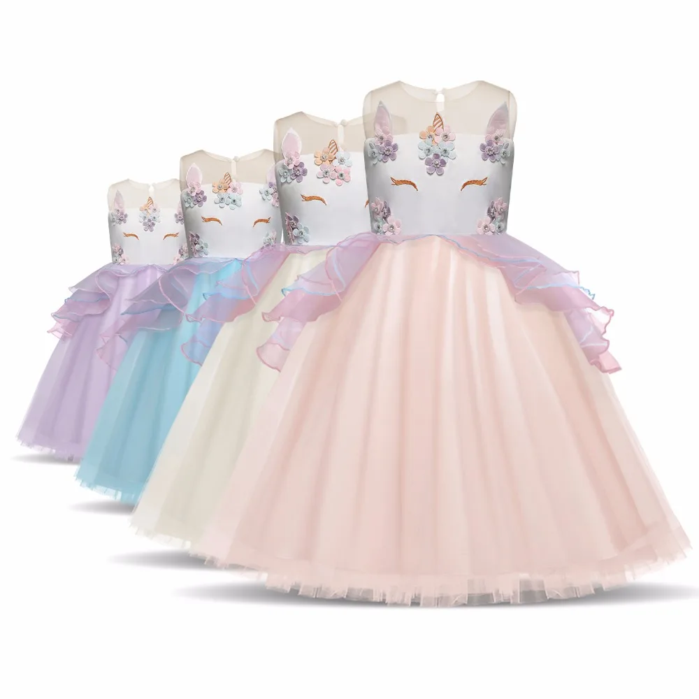 

Girl Dress Brand New Summer Cartoon Unicorn Party Dresses for Girls Fancy Applique Beads Princess tutu Dress Multicolor Tulle