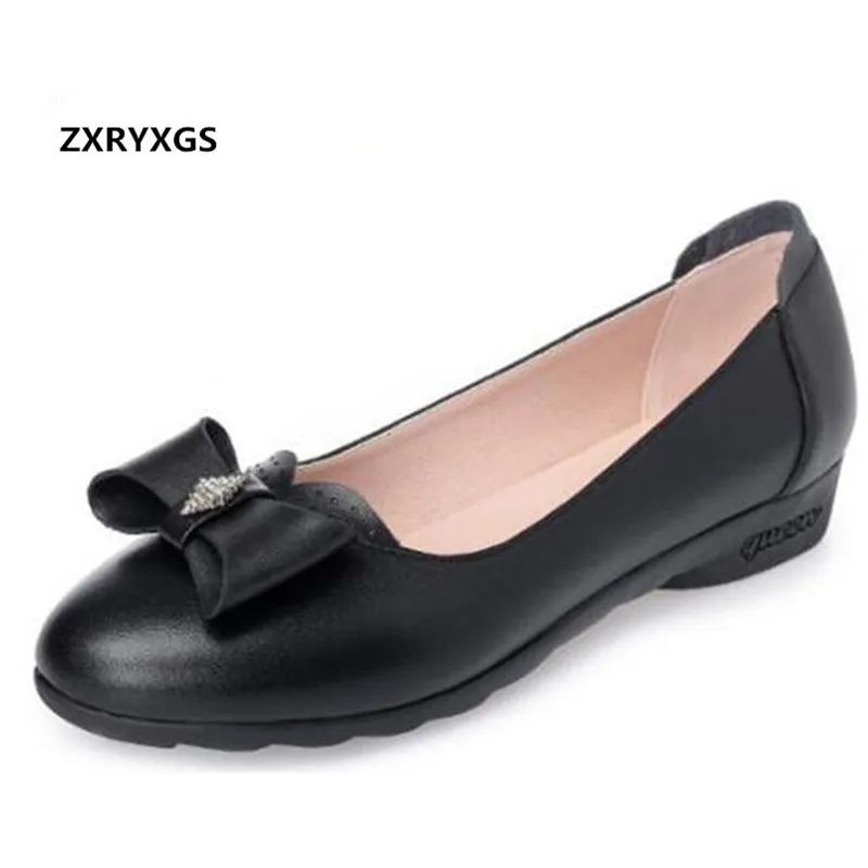

2019 New Shallow Mouth Rhinestone Bow Spring Shoes Woman Fashion Shoes Flat Large Size Genuine Leather Shoes Casual Flat Shoes